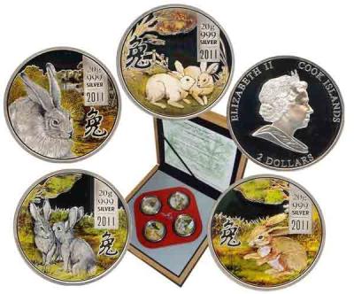 Набор монет Острова Кука, 1 доллар. Год кролика. Ag  20 г (x4)