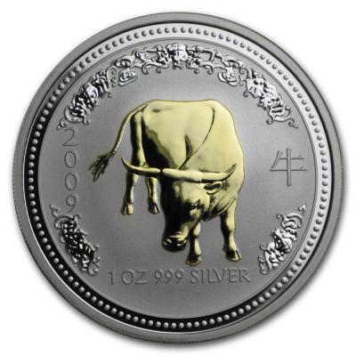 1 доллар. Лунар,2007 г., год быка (позолота) Ag  31.1 г.
