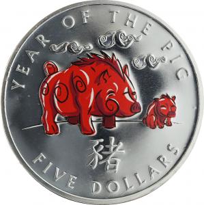5 долларов, 2007 г., Год свиньи, Цветная эмаль, Ag 31.1 г.