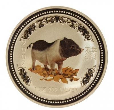 1 доллар, Лунар год свиньи 2007 (цветная),  Ag 31.1 г.