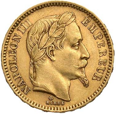 20 франков. Наполеон III (в венке)