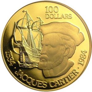 450-летие путешествия Жака Картье. 100 долларов.  Au 15.5 г.