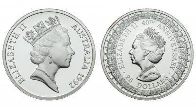 25 долларов 1992 г. Proof. 40 лет правления Елизаветы II