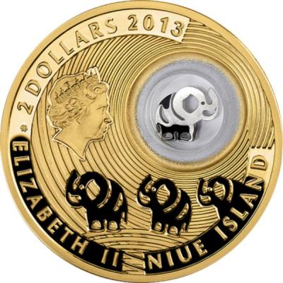 2 доллар, Ниуэ. Слоник - монета на счастье(позолота), серебро 28.28 г.