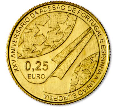 0.25 евро, 2011 год. 25 лет вступления Португалии и Испании в ЕС.  Au 1.56 г