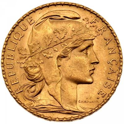 20 франков, Франция. Петух.1905-1914 гг. Au 5.81 г.