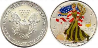 1 доллар. Американский орел - Шагающая Свобода . 2007 г . Цветная эмаль . Ag 31.1