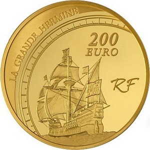 200 евро, 2011 г., Великие путешественники - Жак Картье, Au 31.1 г.