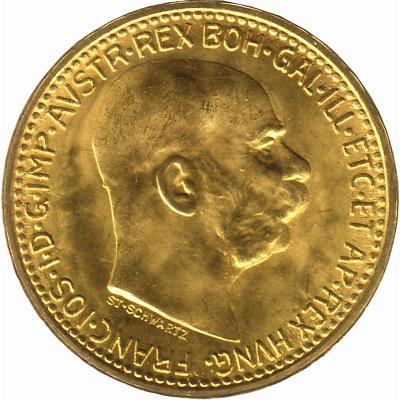 10 крон Австрия, Франц Иосиф I, 1909-1912 гг. Au 3.05 г.