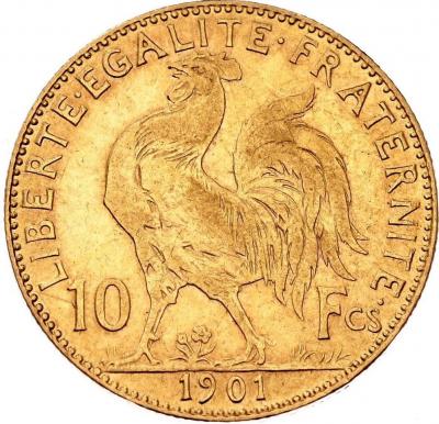 10 франков, Петух, 1899,1910 г., Au 2.91 г.